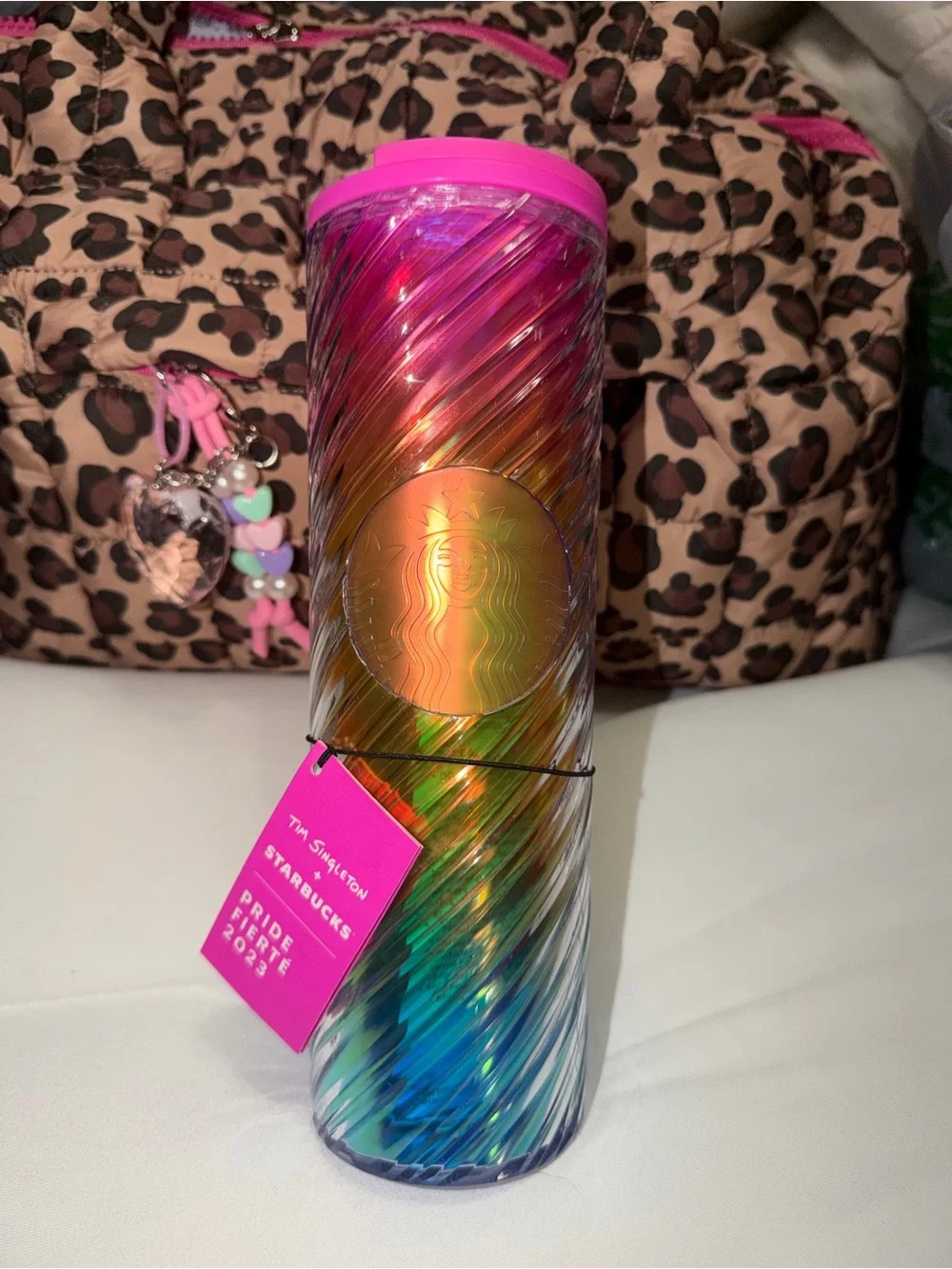 Starbucks Iridescent Rainbow Spiral Tumbler with Hot Pink Lid